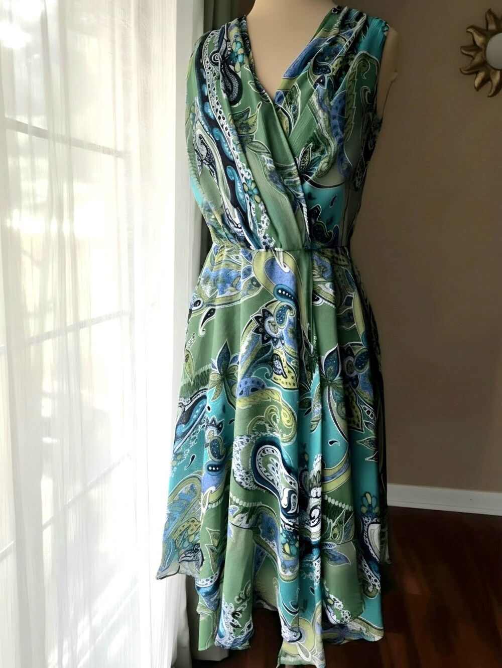 Vintage Paisley Chiffon Handkerchief Hem Faux Wrap Midi Dress Evan Picone Small